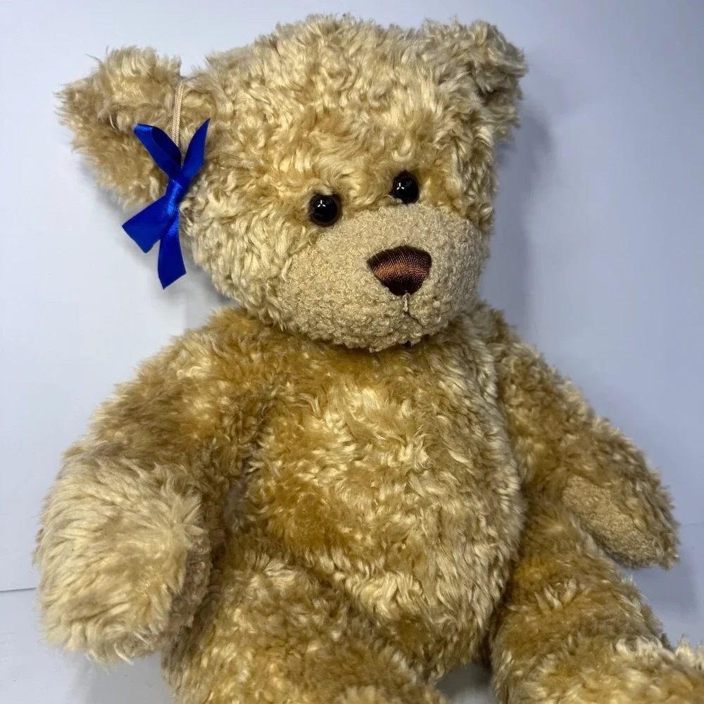Build-A-Bear Workshop Tan Curly Shaggy Teddy Bear Blue Bow Plush 14 Inch Vintage